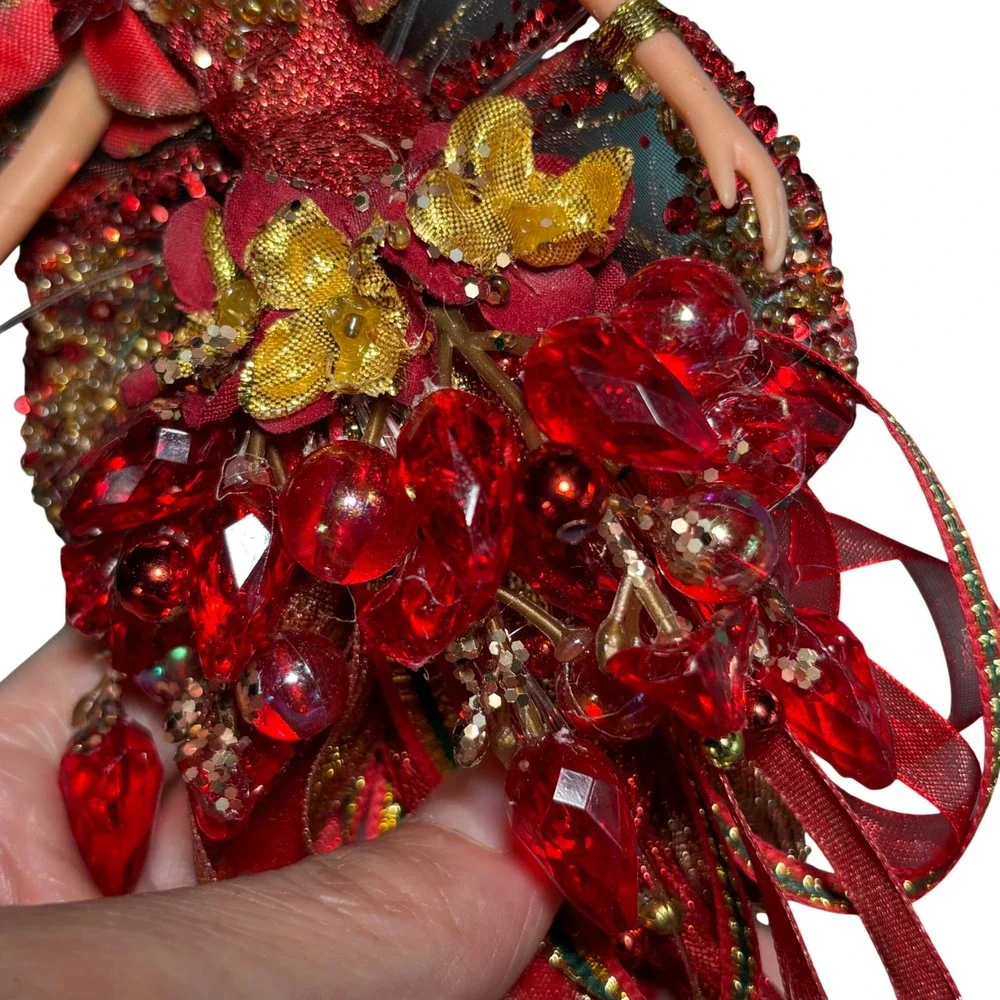 Fairy Pixie Doll Red Gold‎ Beaded Glitter Wings Hanging Christmas Ornament